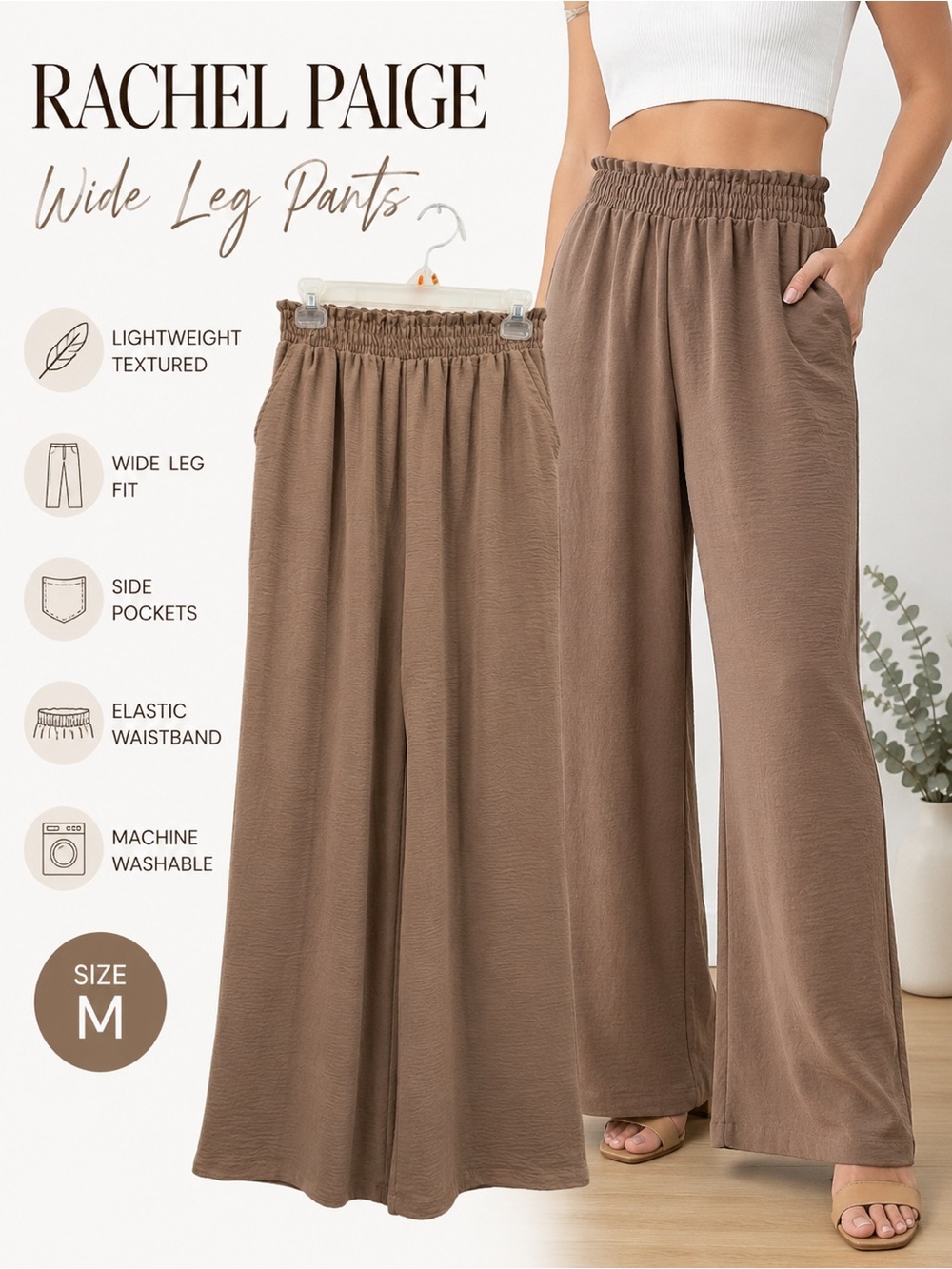 Wide-Leg Elastic Waist Pants - Taupe